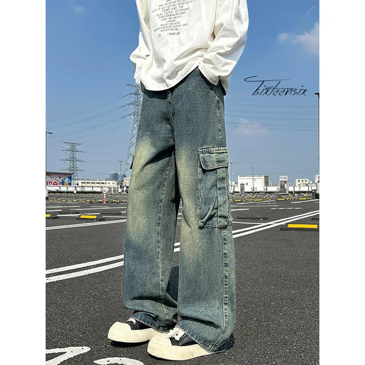 阔腿工装牛仔裤男款美式复古大口袋宽松休闲裤子水洗高街拖地长裤