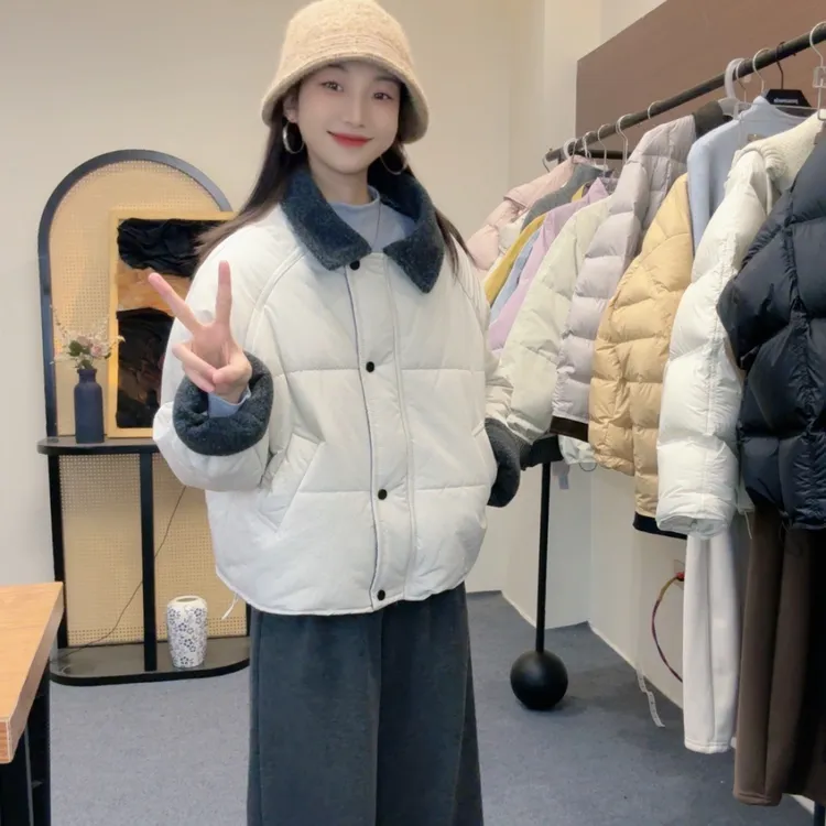 撞色拼色棉衣外套女2025冬季新款时尚设计感短款宽松加厚保暖棉服