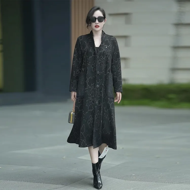 80249高档阔太太提花风衣秋加肥加大宽松大口袋长款气质妈妈外套