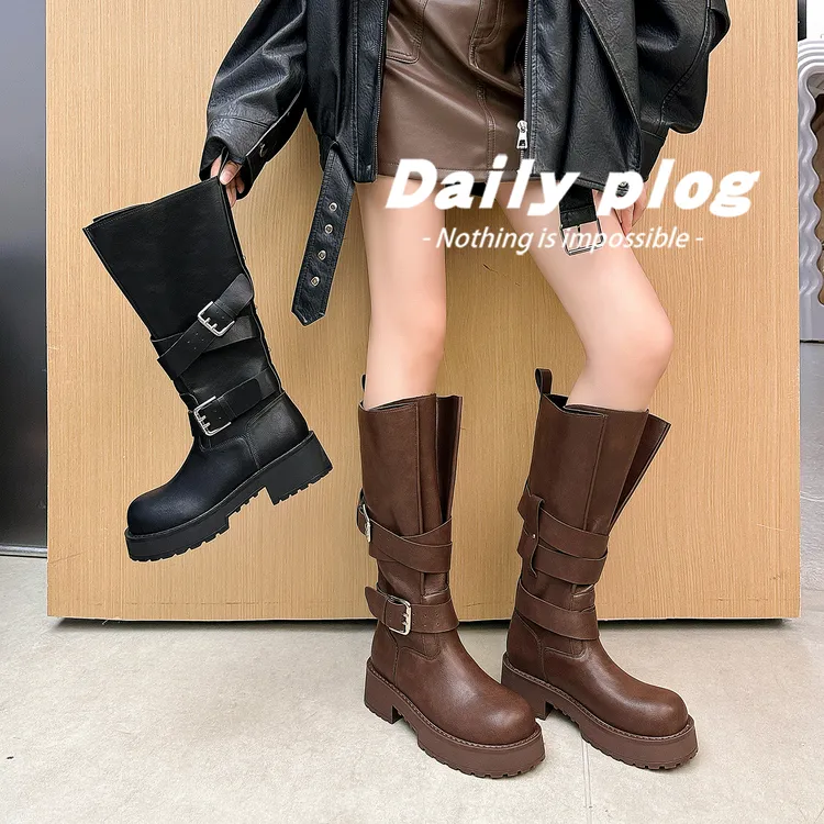 胖mm长筒靴女复古机车靴大筒围工装粗腿骑士靴长靴大码靴子 456-3