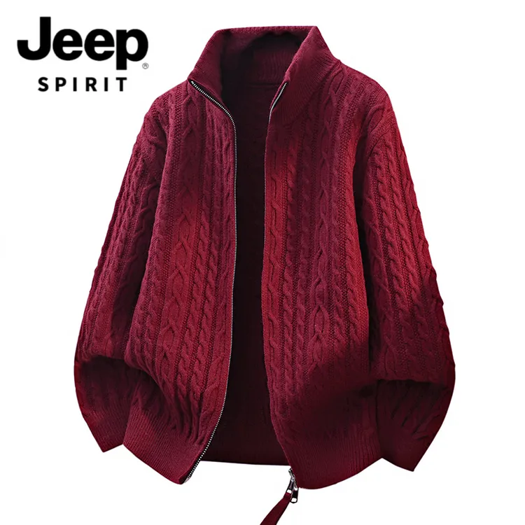 JEEP吉普秋冬红色高领拉链高级感定织开衫休闲舒适毛衣ins针织衫