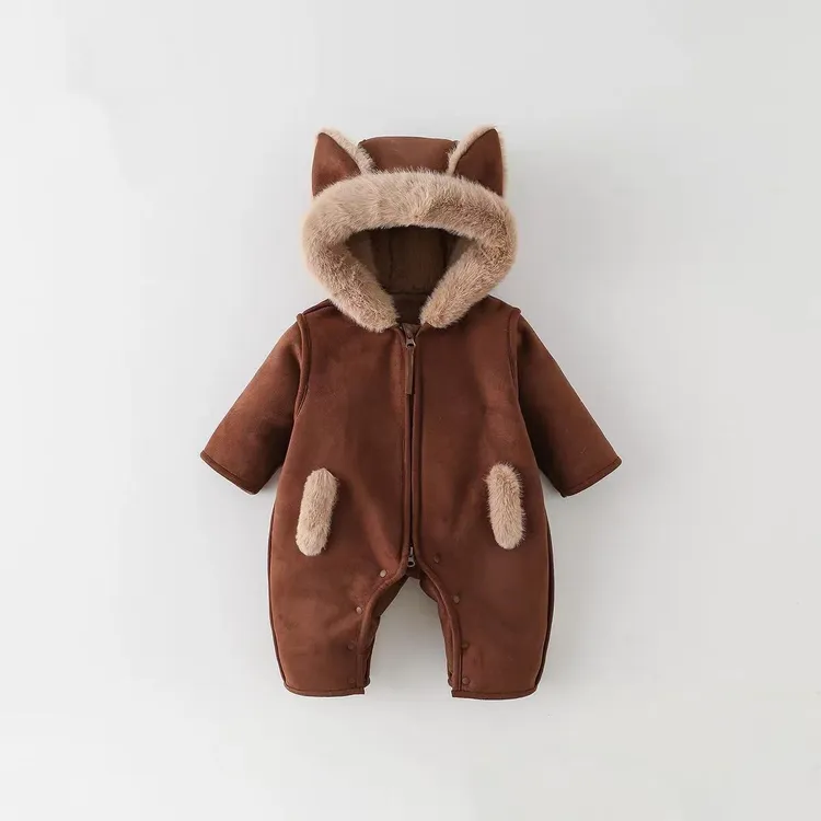 冬季长袖森系秋冬爬服麂皮绒连身衣加绒连帽冬装加绒加厚