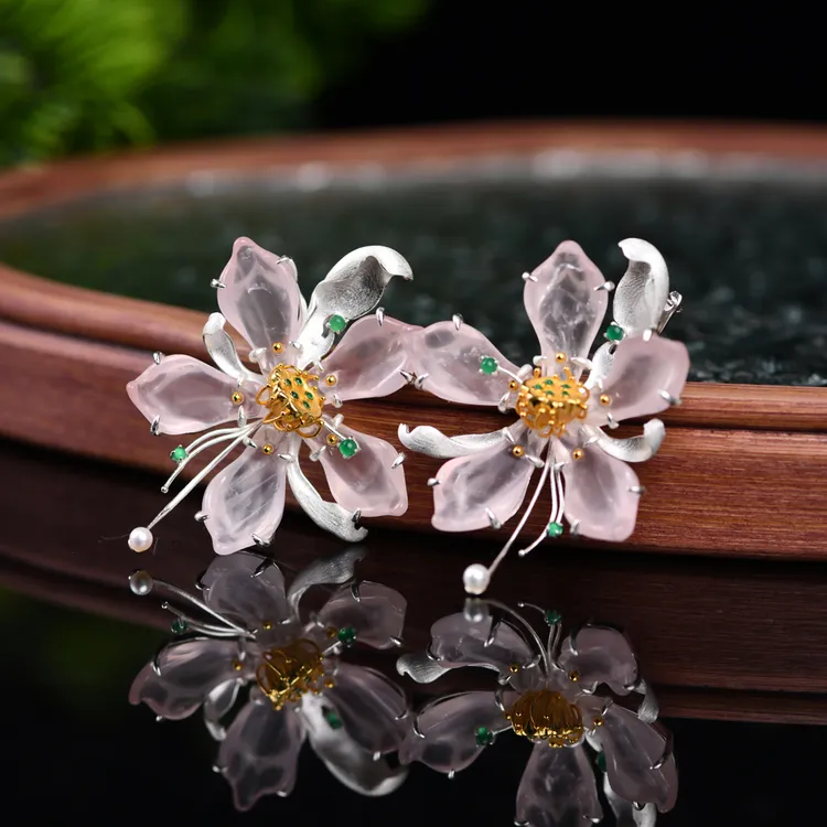 戊申堂【笑春风】S925银粉晶桃花耳坠耳饰 国风珠宝