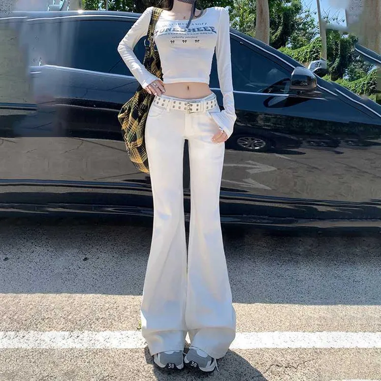 【新店开业】色美式辣妹阔腿裤秋季不贴腿百搭喇叭裤拖地低腰牛仔裤