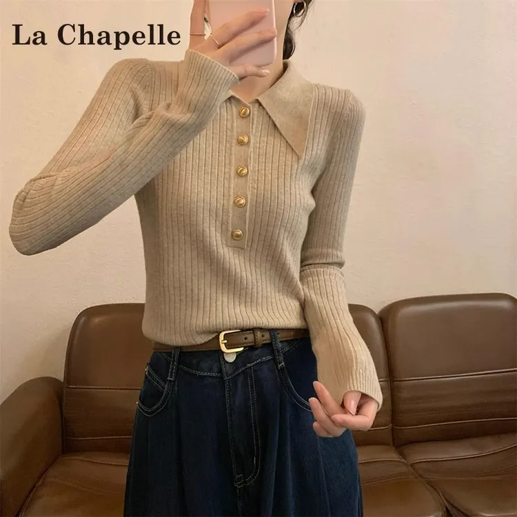 拉夏贝尔纽扣Polo领针织衫女2025秋冬新款高级感长袖T恤修身上衣
