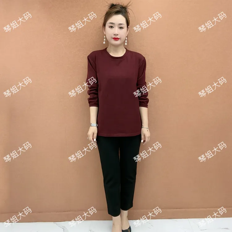 秋冬新款休闲圆领打底衫薄款时尚中老年女装加肥加大妈妈装YS