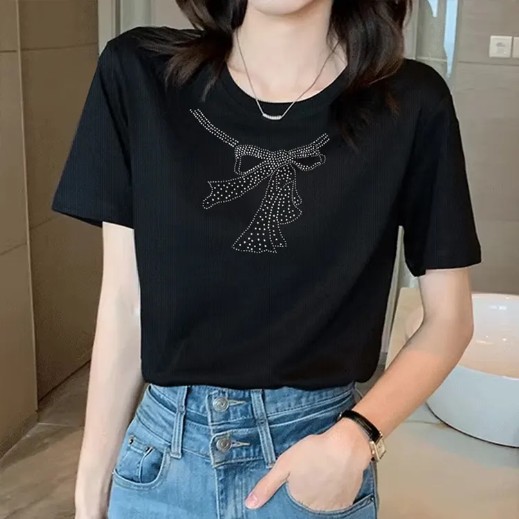 短袖女夏季小众洋气百搭时尚圆领打底衫重工烫钻蝴蝶结上衣