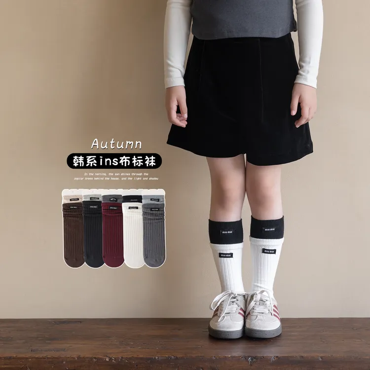 女童袜子精梳棉春秋儿童小腿袜韩系布标拼色潮袜秋季女宝宝中筒袜