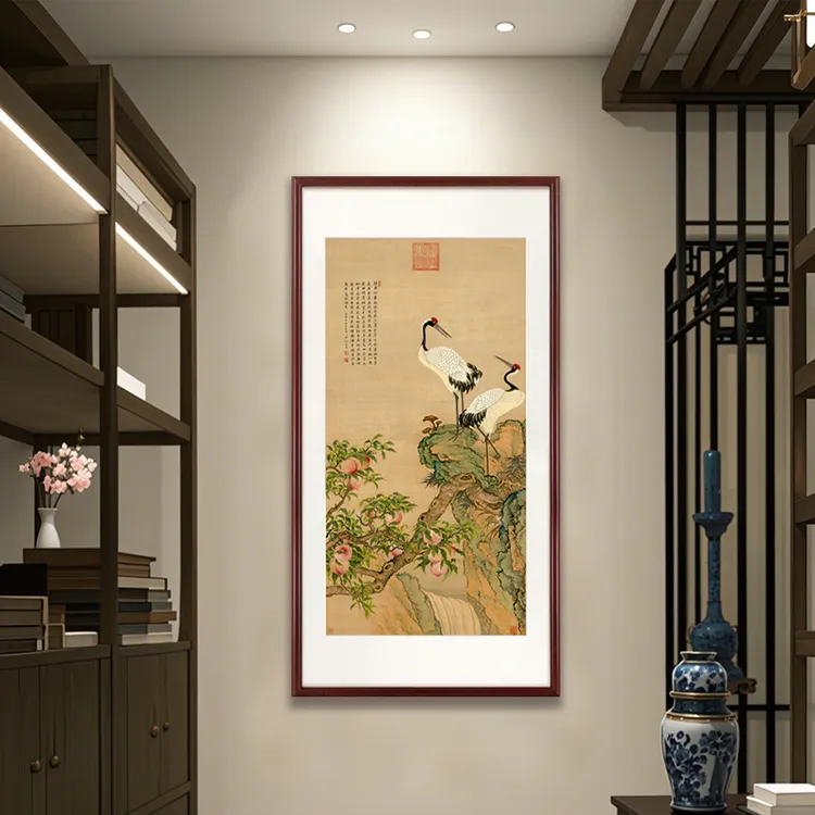 国画《蟠桃双鹤图》新中式装饰画玄关竖版挂画过道茶室画字画挂墙