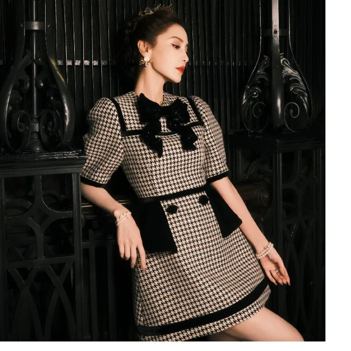 2025新款杨颖baby法式复古名媛修身显瘦蝴蝶结千鸟格短款连衣裙女