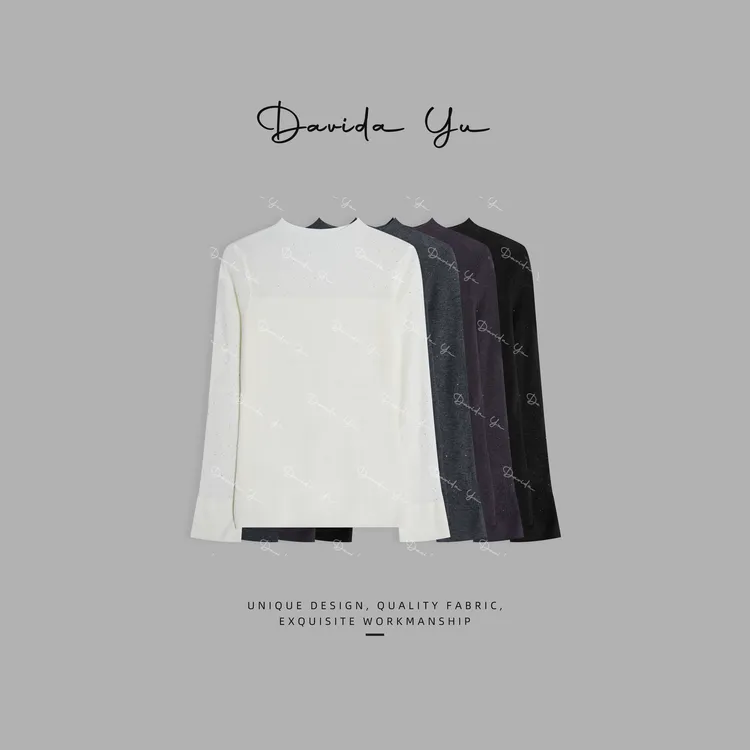 Davida Yu【烫钻半高领】绵羊毛中领打底上衣烫钻百搭针织衫 88689