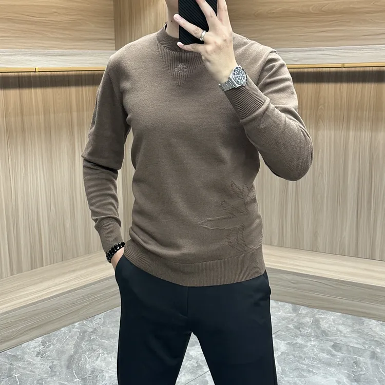 秋冬季新款时尚简约套头圆领男士保暖毛衣商务休闲长袖针织打底衫