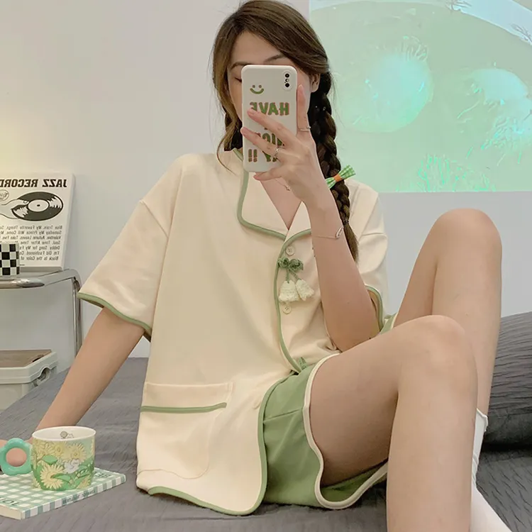 夏季新款睡衣女薄款开衫可爱纯色简约少女家居服短袖短裤夏天套装