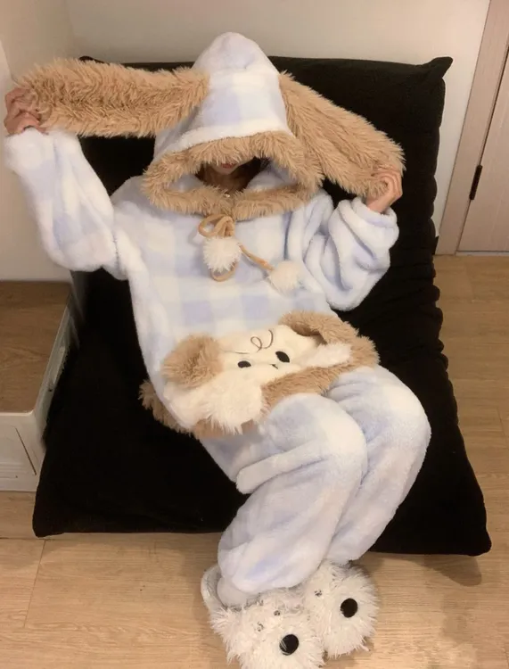 长耳狗家居服套装珊瑚绒女卡通动漫长裤宝宝绒长袖睡衣连帽