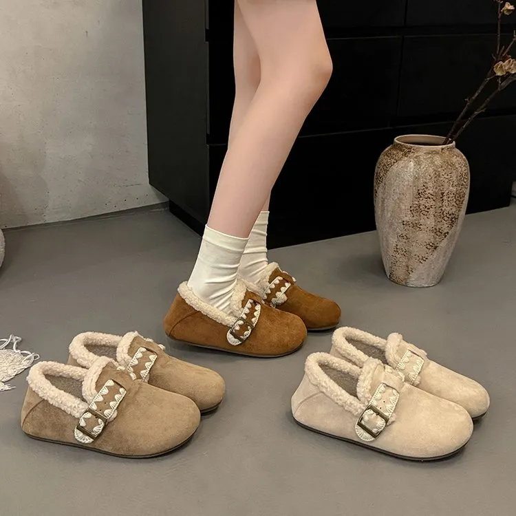 OJRZ韩版简约百搭刺绣花边搭扣女2025冬新款加绒保暖防滑勃肯棉鞋