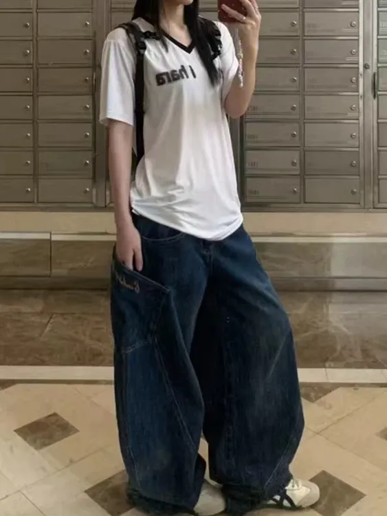 美式高街复古牛仔裤女春季立体廓形弯刀小众设计感蓝色阔腿裤子