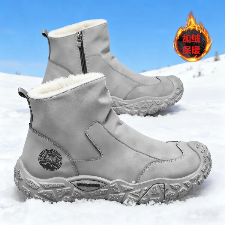 男士冬季加绒保暖马丁靴中帮防水防滑耐磨雪地靴侧拉链时尚简约男