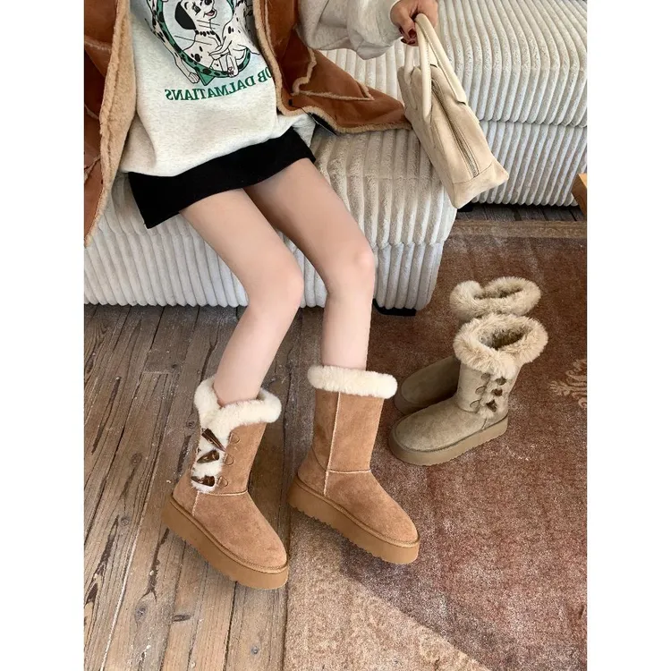 韩版加绒加厚牛角扣短筒雪地靴女厚底保暖毛毛短靴女防滑东北鞋