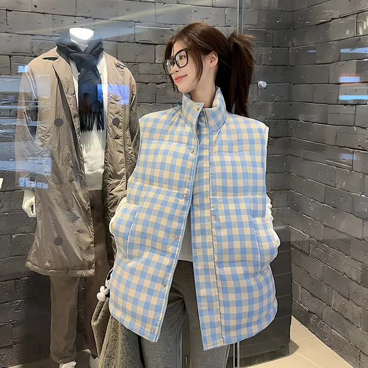 超好看减龄 胖mm大码立领复古学生蓝格子棉服马甲女保暖马夹潮603