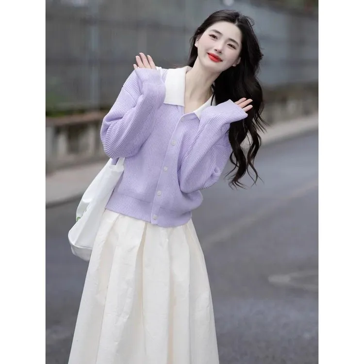 秋冬韩剧女主穿搭独特绝美漂亮多巴胺软糯紫色毛衣半身裙两件套装