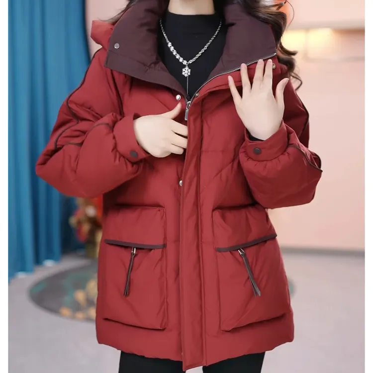 休闲时尚红色免洗保暖羽绒服女士冬季韩版宽松连帽加厚白鸭绒外套
