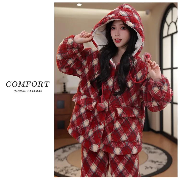 【超厚专柜正版】2025年冬季三层夹棉睡衣女士保暖家居服套装