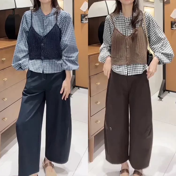时尚韩系套装女2025春秋新款洋气设计感格纹衬衫马甲休闲裤三件套