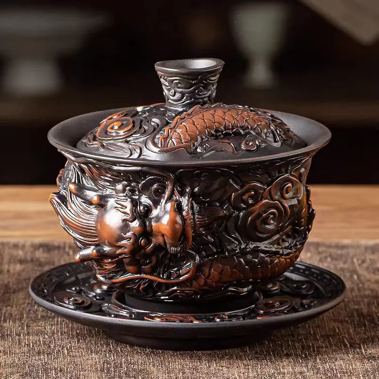 建水紫陶三才祥龙浮雕高档功夫茶具复古防烫大容量茶道中式纯手工