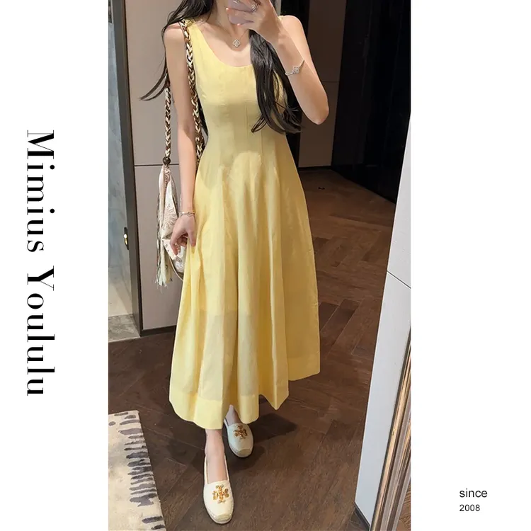 【mimius】Y 温柔甜美风大U领分割收腰无袖连衣裙 G04123