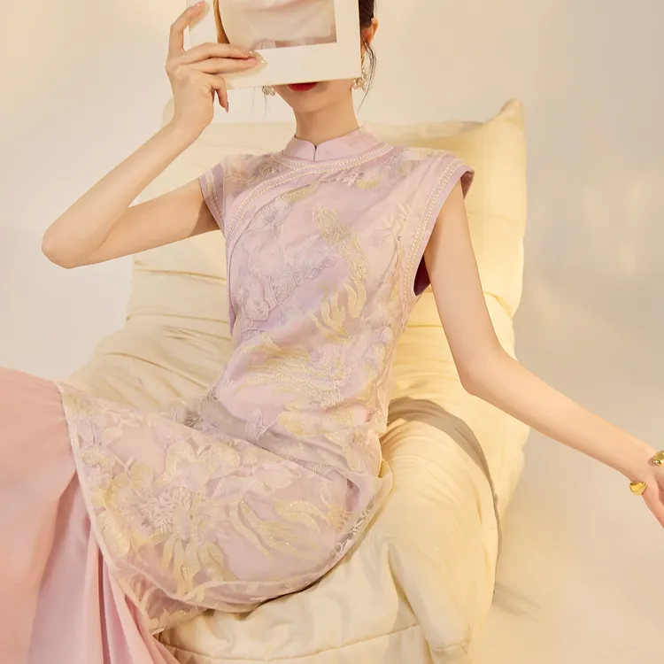 新中式气质立领改良旗袍裙国风复古重工刺绣提花设计连衣裙 N6040