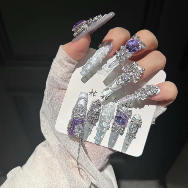 紫啧 纯手工穿戴美甲全锆配饰东洲钻手绘刺绣奢华高级感