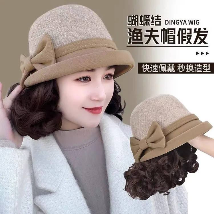 帽子假发一体秋冬新款蝴蝶结盆帽短卷发一体帽防风保暖百搭全头套