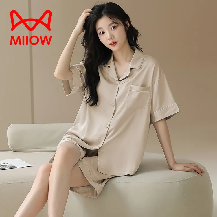 猫人冰丝睡衣女款夏季短袖2025新款大码薄款休闲夏天可外穿套装
