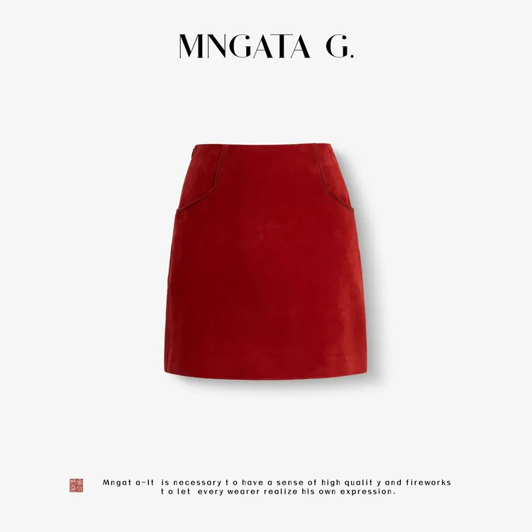MNGATA G.宫小妍【曼奢羊皮·正红】羊皮早秋新中式国风短裙5082462