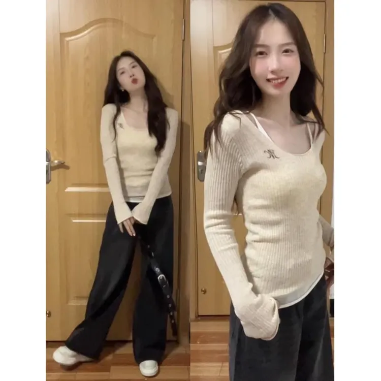 杏色假两件针织衫女春秋季2025新款设计新款小众甜辣妹修身长袖上