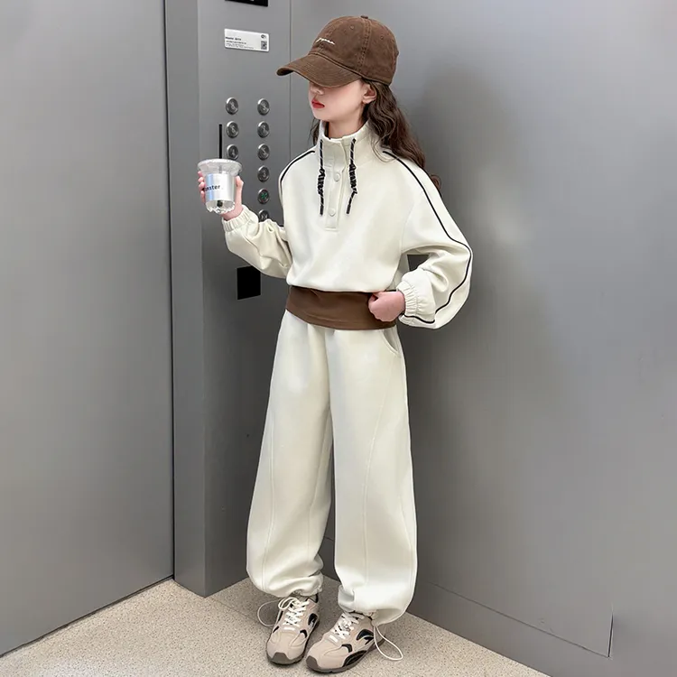 女大童春款休闲套装2025新款女孩韩版立领假两件卫衣阔腿裤两件套