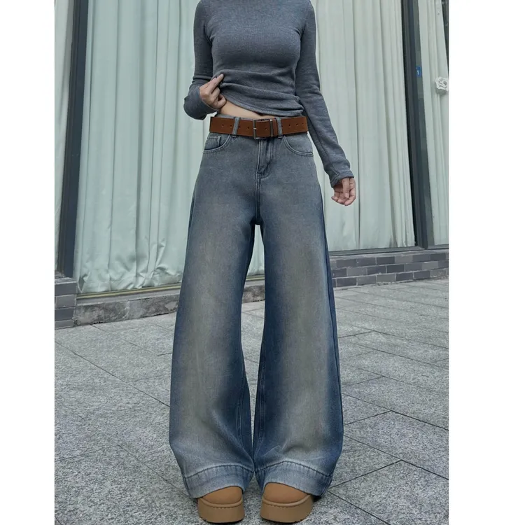 做旧晕染撞色阔腿牛仔裤女2025冬季加绒高腰宽松显瘦垂感脏脏长裤