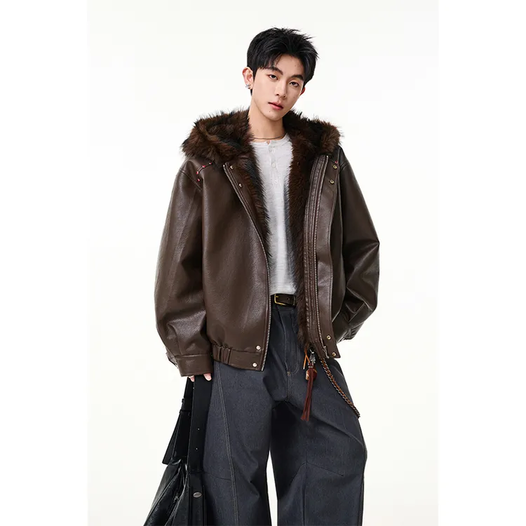 美式棕色连帽座山雕皮衣外套棉服男冬季加绒加厚痞帅毛领棉衣夹克