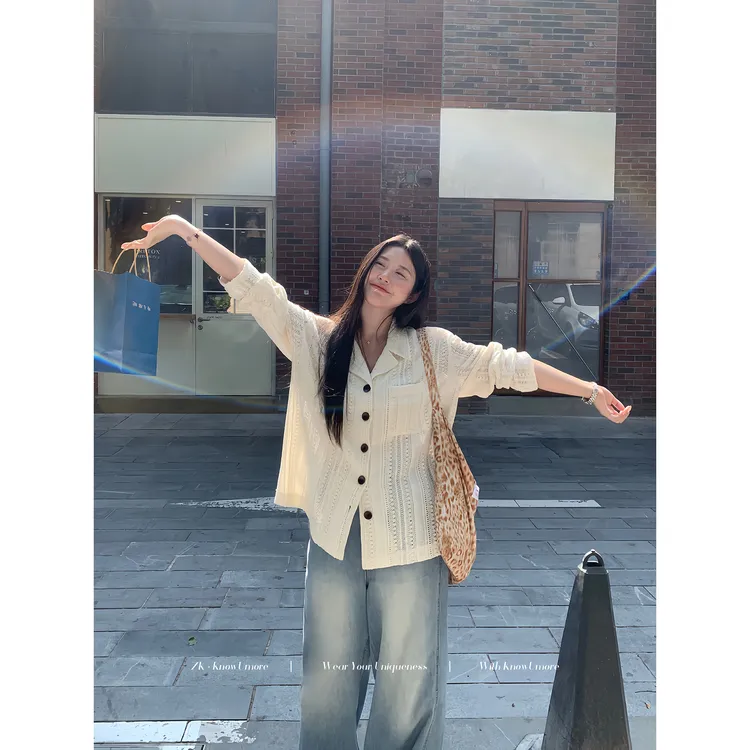 知葵微胖定制【睿智老钱】初秋镂空提花翻领毛针织衫12253MZS9813