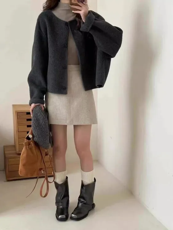 小香风毛呢外套女秋冬季2025新款韩系独特超好看宽松双面短款上衣