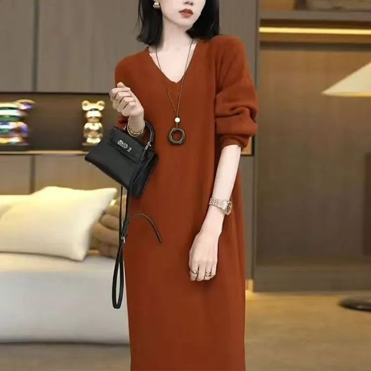 胖mm大码气质显瘦2025新款长袖V领洋气百搭松弛感女装连衣裙子