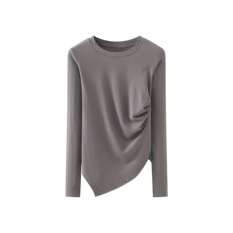 圆领纯色不规则下摆抽褶长袖T恤女打底衫春新款高级时尚
