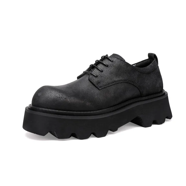 高级感复古磨砂皮黑色德比鞋5cm厚底增高裂纹牛皮鞋通勤百搭潮鞋