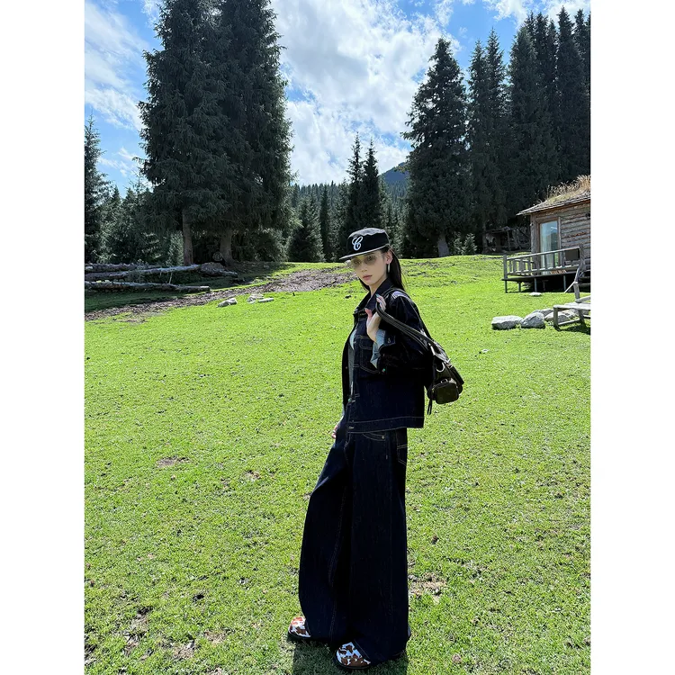杨九七 翻领正肩长袖牛仔外套女早秋复古原牛色宽松长裤套装7776