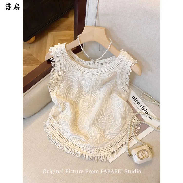 淳启时尚韩系提花流苏针织背心女夏季镂空钩花无袖薄款外搭小上衣