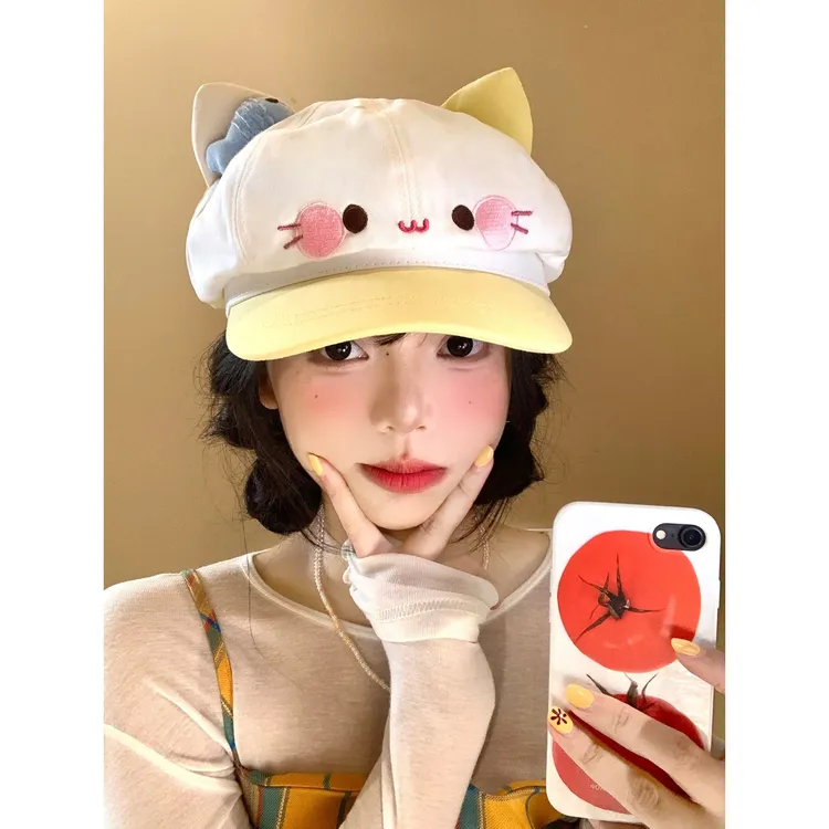 甜美可爱小鱼猫咪贝雷帽女卡通显脸小百搭八角帽出游报童画家帽子