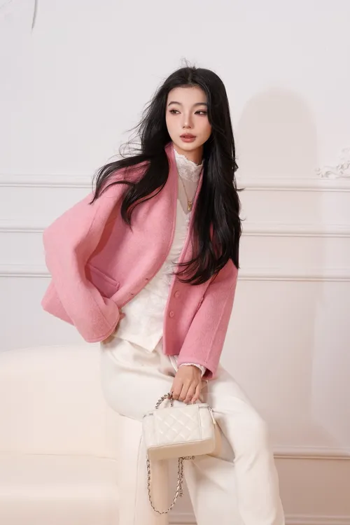 【专柜现货】粉色双面呢大衣短款韩版小香风气质时尚显瘦羊毛外套