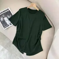 小静折扣~JG400   圆领侧腰打褶开叉衣摆显瘦短袖T恤 （卡码拍大）