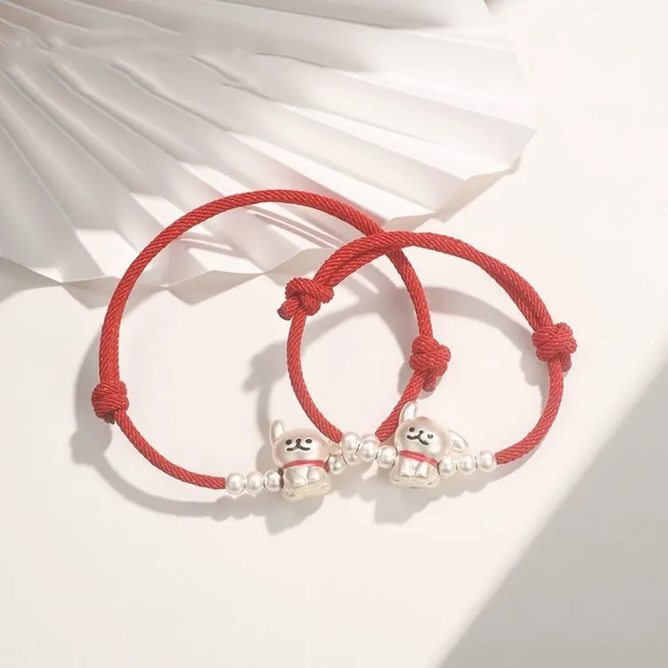 足银手链 足银999纯银线条小狗手链本命年红手绳情侣编织送女友礼