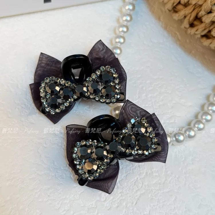 2025款轻奢气质高级感AB面网纱水钻蝴蝶刘海夹碎发夹 4cm